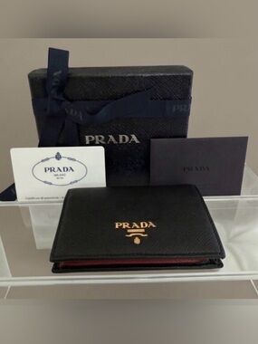 PRADA Black Hibiscus Saffiano Leather Small Bifold Wallet Gold Hardware Complete
